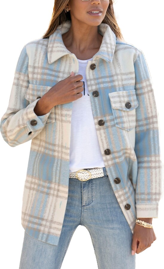 Lascana Women's Plaid Shirt Jacket - Light blue cream