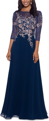 Betsy & Adam Embroidered 3/4-Sleeve Gown