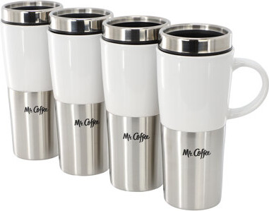 Mr. Coffee Travertine 4 Piece 16 Ounce Stoneware and Stainless Steel Travel Mug With Lid in White