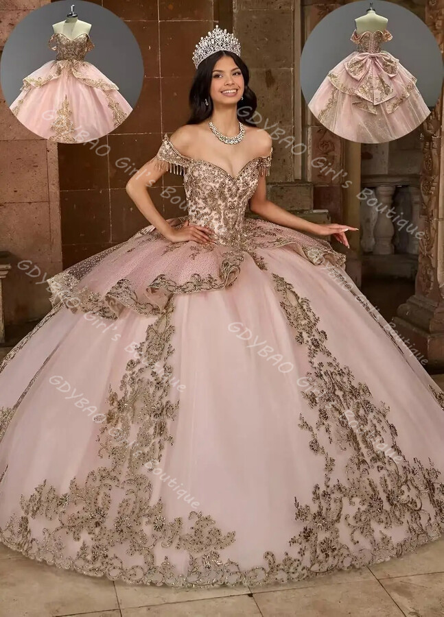 gdybao Customized Women's Beaded Applique Quinceanera Dress Off Shoulder Glitter Tassel Sweet 15 16 Prom Dress Tiered Tull Ball Gown