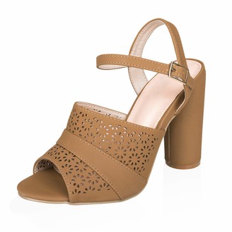 AIIT Women's Chunky High Heel Sandal Pump Shoe Brown size6
