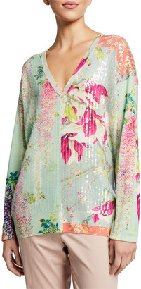 Etro Sequined Lily Print V-Neck Tunic
