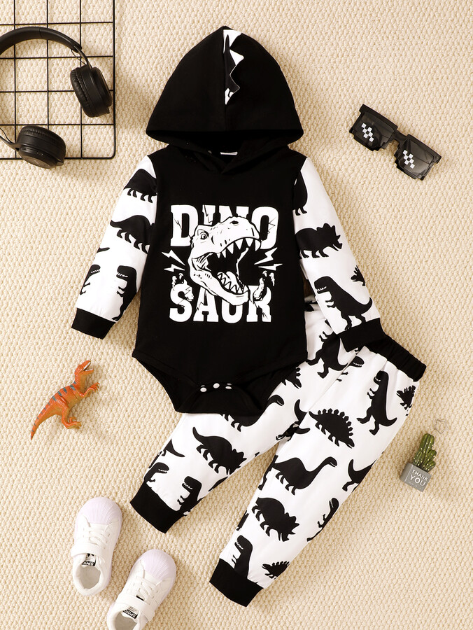 NONE Winter 0-1 Years Old Infant Baby Boys Dinosaur Print Long Sleeved Hooded Sweatshirt Casual 2-Piece Set