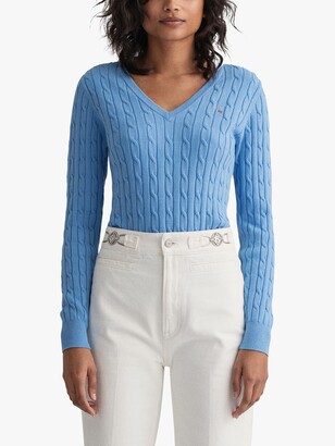 Gant Cotton Blend V-Neck Cable Knit Jumper, Silver Lake Blue