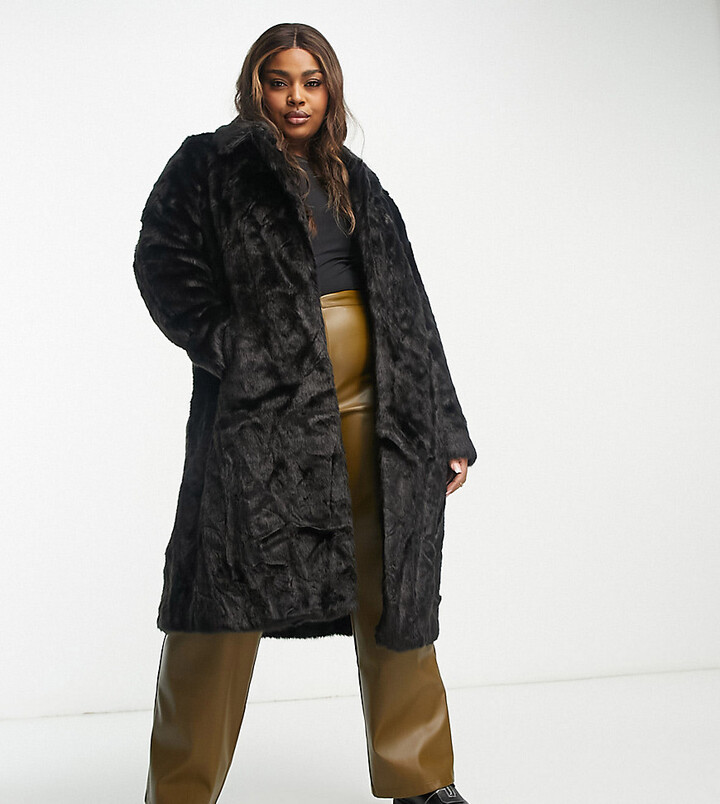 Urbancode Curve Urban Code Plus longline faux fur coat in black - ShopStyle