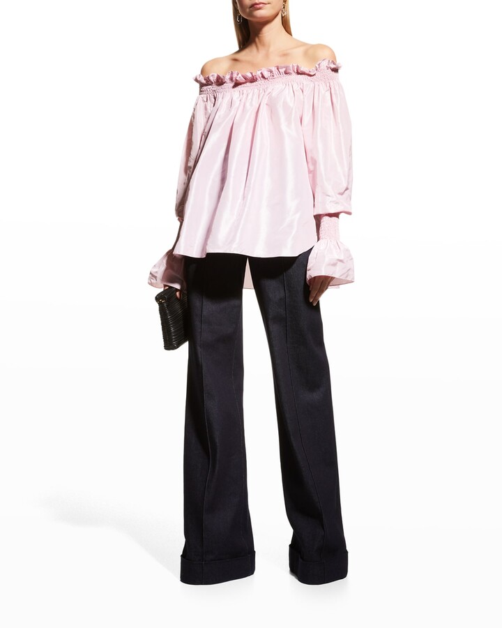 Womens Clothing Tops Long-sleeved tops Adam Lippes Off-the-shoulder Ruffled Silk-taffeta Top in Pink 