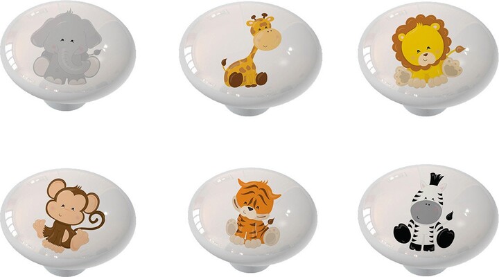 Set Of 6 Nursery Safari Animals Decorative High Gloss Ceramic Knobs