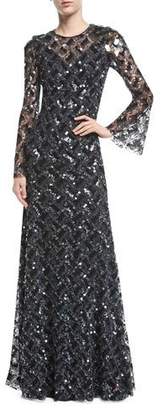 Jenny Packham Long-Sleeve Paillette-Embellished Gown