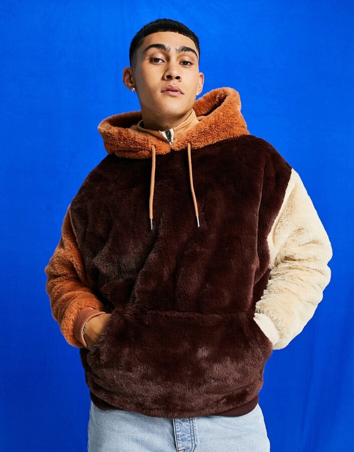 ASOS DESIGN oversized faux fur hoodie in color block browns - ShopStyle