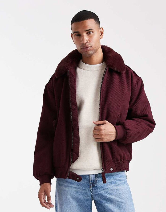ASOS DESIGN wool look bomber jacket with faux fur collar in burgundy