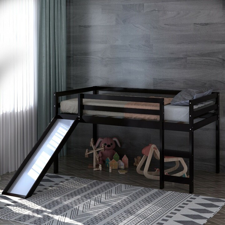 Gymax Twin Size Loft Bed with Slide Wood Low Sturdy Loft Bed for Kids