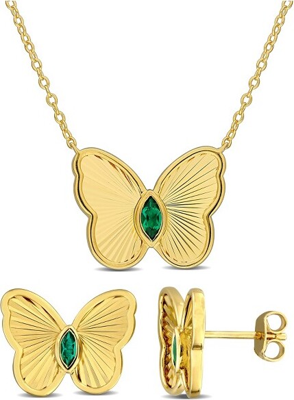 Everly Jewelry EVERLYJEWELRY|YellowPlatedSterlingSilver2/5ctTGWCreatedEmeraldButterflyEarringsandNecklaceSet-17in