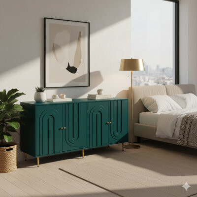 Wrought Studio Modern Green Lacquered 4-door Wooden Sideboard Buffet Cabinet For Living Room, Dining Room, Kitchen, Entryway, Or Office