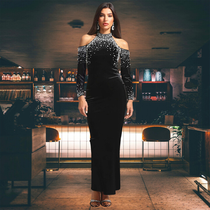 AYLU New Design 2025 Women Dress Beads Rhinestones Off Shoulder Long Sleeve Slim Bodycon Sexy Celebrity Party Dress Velvet Vestidos