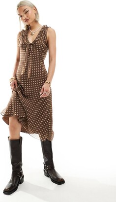Buy vintage midi tea dress Sale Reclaimed Vintage midi tea dress in brown spot print ShopStyle