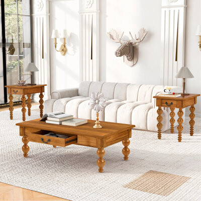 Canora Grey Coffee Table Set of 3 with Drawer Vintage Coffee Table and 2 End Side Table for Living Room Office ApartmentNatural