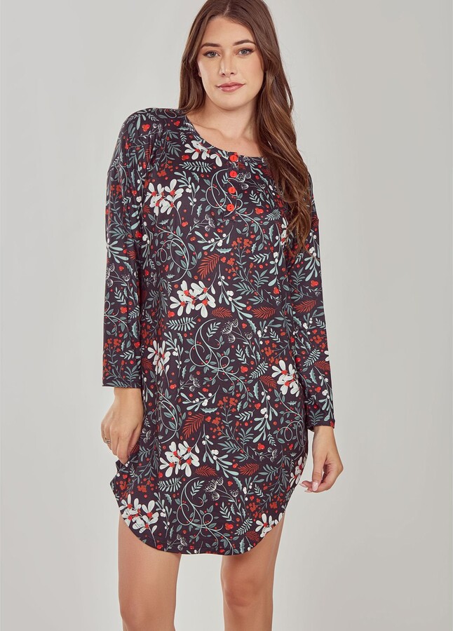 iCollection Floral Knit Long Sleeve Henley Loun e Shirtdress