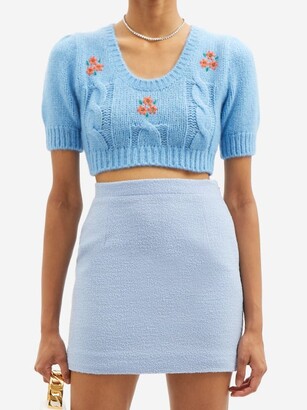 Alessandra Rich Floral-embroidered Alpaca-blend Cropped Sweater - Light Blue