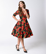 Thumbnail for your product : Unique Vintage 1950s Black & Red Rose Delores Swing Dress with Sleeves