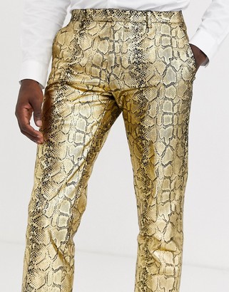 Twisted Tailor skinny suit trousers in gold snake print