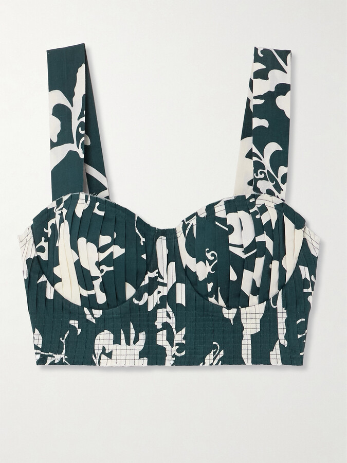 Emporio Sirenuse - Dalia Pleated Frayed Floral-print Cotton Bustier Top - Blue