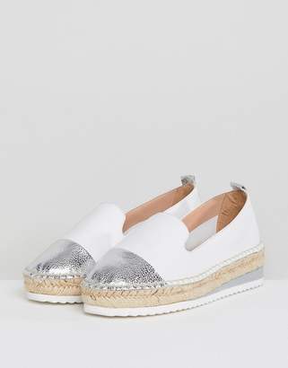 Dune Slip White Leather Espadrilles With Silver Toe Cap