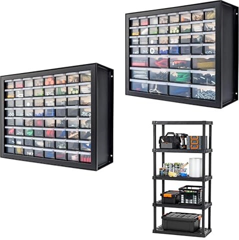 Iris Ohyama Bundle of IRIS USA 5-Shelf Heavy Duty Plastic Rack + 64 & 44 Drawer Tool Organizers