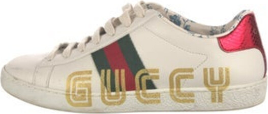 Gucci Ace Low Top Sneakers White Leather Printed Web Accent Rubber Trim Round-Toes Lace-Up Closure at Uppers Designer