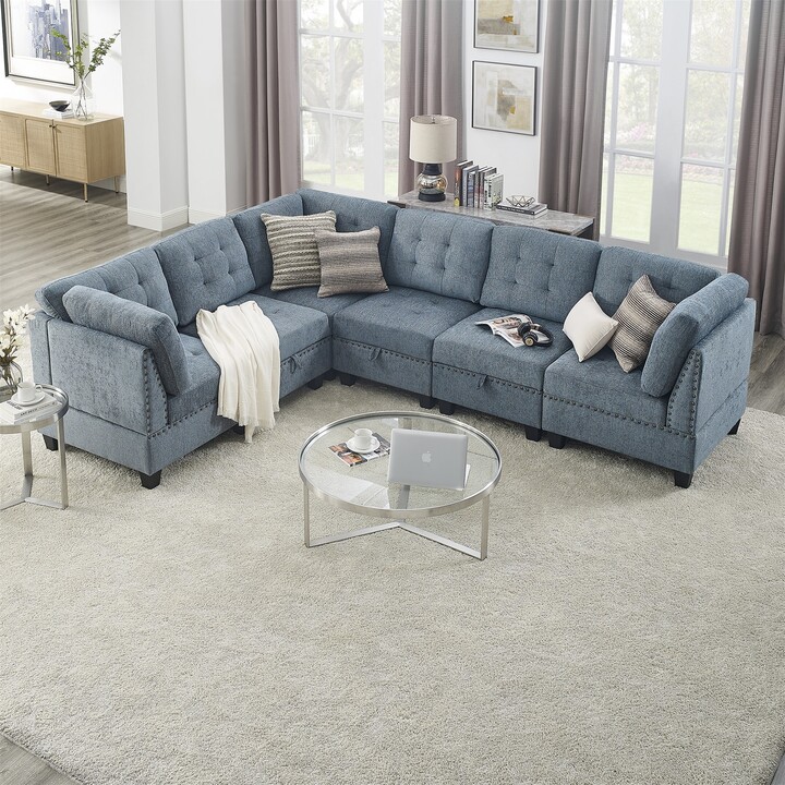 TONWIN Navy Chenille L Shape DIY Modular Sectional Sofa Three Single