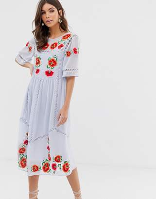 ASOS DESIGN embroidered smock midi dress with ladder trims