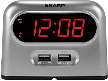 Sharp Digital Electric Alarm Clock with 2 FastCharge USB Ports, Silver