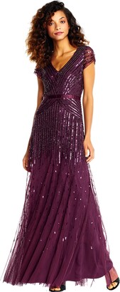 Adrianna Papell Women's Long Beaded V-Neck Dress with Cap Sleeves and Waistband