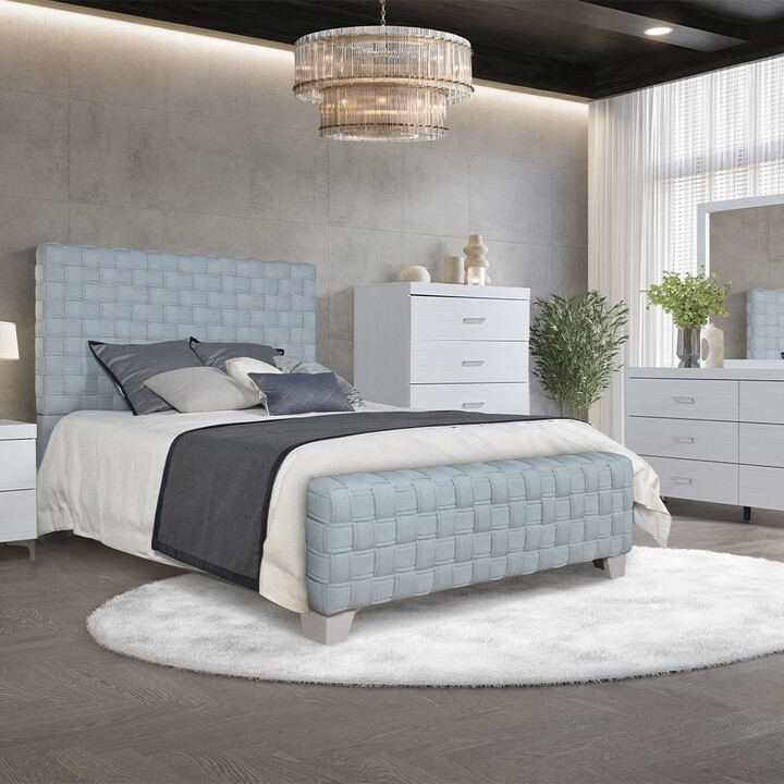 ACME Saree Eastern King Bed, Light Teal Chenille & Gray Finish