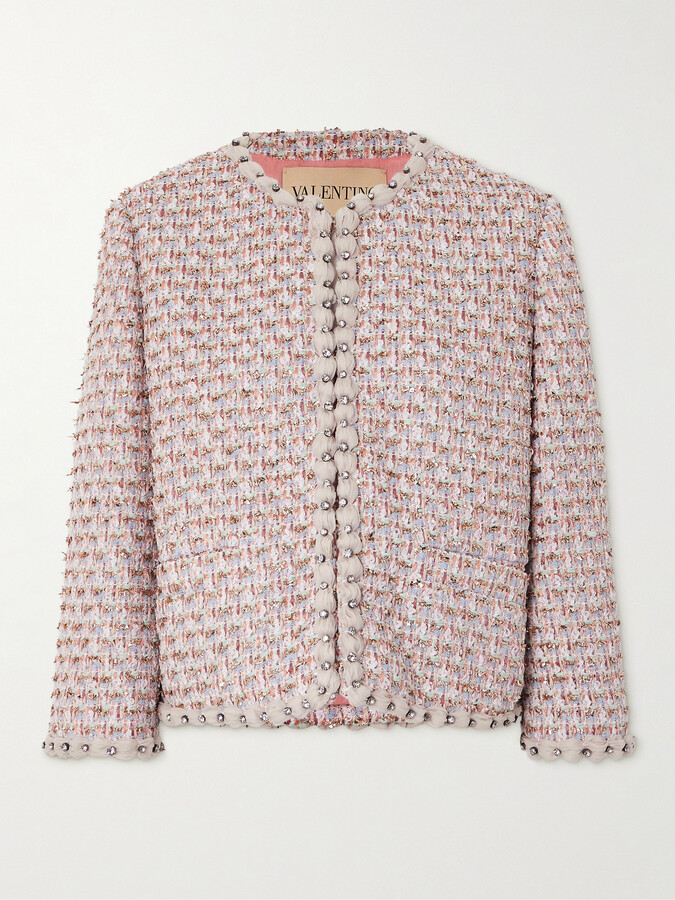 Valentino Garavani - Crystal-embellished Chiffon-trimmed Metallic Tweed Jacket - Pink