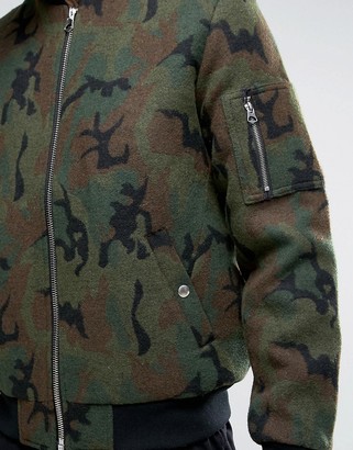 ASOS Wool Mix Bomber Jacket In Camo Print