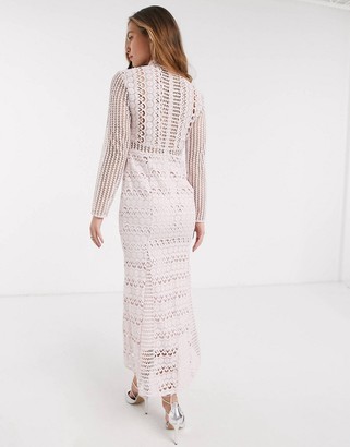 ASOS DESIGN DESIGN long sleeve lace peplum midi dress with lace up detail in light pink