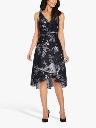 Adrianna Papell Pleated High Low Floral Midi Dress, Black/Silver