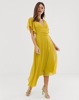 Thumbnail for your product : ASOS DESIGN wrap front midi dress with fluted sleeve detail