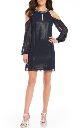 Jessica Howard Cold-Shoulder Balloon-Sleeve Trapeze Dress