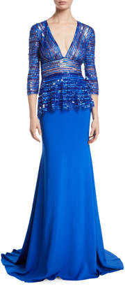 Naeem Khan Plunging-V 3/4-Sleeve Beaded-Top Trumpet Evening Gown