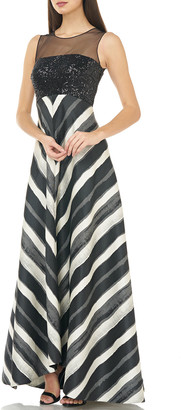 Carmen Marc Valvo Sleeveless Mesh Illusion & Sequin Bodice Gown w/ Chevron Striped Skirt