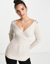 Thumbnail for your product : Morgan long sleeve wrap front slim rib knitted top with button shoulder detail in pink