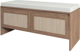 Bay Isle Homeâ"¢ PP Rattan Storage Bench with Cushion, Faux Rattan Shoe Cabinet with 2 Doors, Mid-Century Modern Wood Entryway Seat, for Bedroom, Hallway, Mudroom, Nat