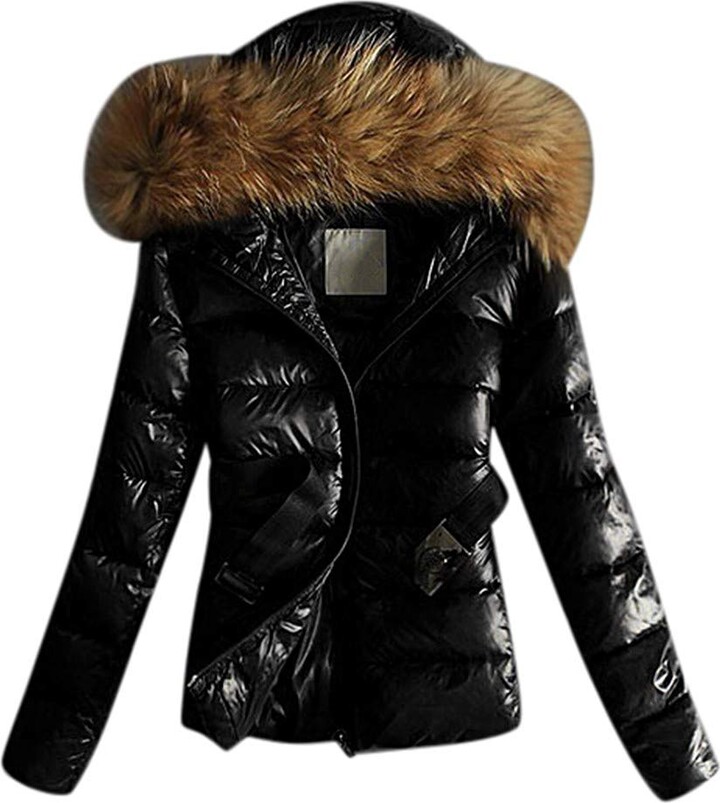 Warm Coat Outwear Quilted Winter Coats, Women S Black Coat With Fur Collar Uk
