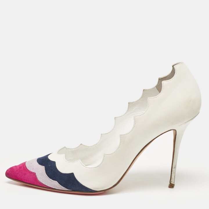Manolo Blahnik White/tricolor Leather And Suede Pointed Toe Pumps