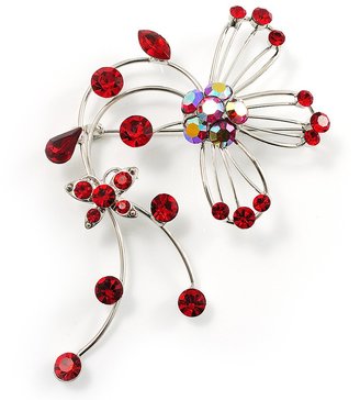 Avalaya Red Flower And Butterfly Art Nouveau Brooch (Silver Tone)