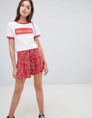 Bershka Floral Button Front Skirt In Red