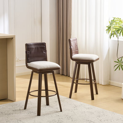 Mercer41 Sibyl Indoor Upholstered Swivel Bar Stool With Metal Frame Walnut Finish And Beige Upholstery Set Of 2