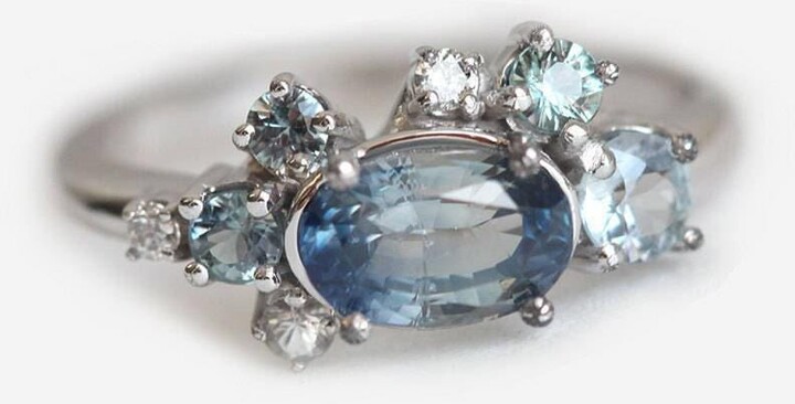 Etsy Peacock Sapphire Cluster Ring With Diamonds & An Ombre Effect in 14K Solid Gold