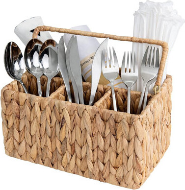 StorageWorks Hand-Woven Wicker Cutlery Holder with Handle, Flatware Basket Organizer